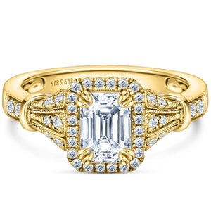 Kirk Kara Yellow Gold "Lori" Emerald Cut Halo Diamond Engagement Ring Front View