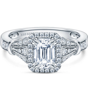 Kirk Kara White Gold "Lori" Emerald Cut Halo Diamond Engagement Ring Front View