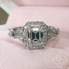 Load image into Gallery viewer, Kirk Kara White Gold &quot;Lori&quot; Emerald Cut Halo Diamond Engagement Ring Front View in Box
