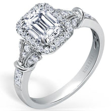 Load image into Gallery viewer, Kirk Kara White Gold &quot;Lori&quot; Emerald Cut Halo Diamond Engagement Ring Angled Side View
