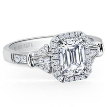 Load image into Gallery viewer, Kirk Kara White Gold &quot;Lori&quot; Emerald Cut Halo Diamond Engagement Ring Angled Front View
