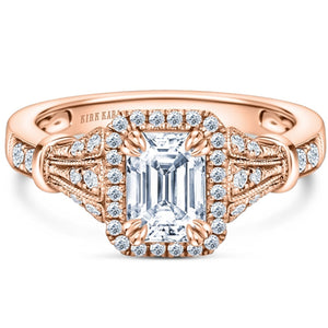 Kirk Kara Rose Gold "Lori" Emerald Cut Halo Diamond Engagement Ring Front View