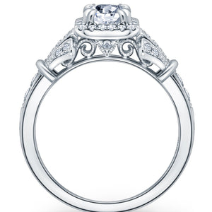 Kirk Kara White Gold "Lori" Emerald Cut Halo Diamond Engagement Ring Side View