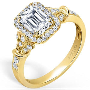 Kirk Kara Yellow Gold "Lori" Emerald Cut Halo Diamond Engagement Ring Angled Side View