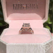 Load image into Gallery viewer, Kirk Kara White &amp; Rose Gold Pirouetta Large Princess Cut Halo Diamond Engagement Ring Side View In box 
