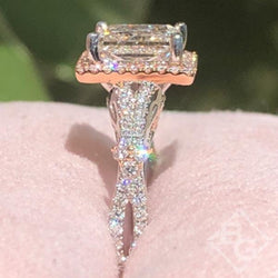 Kirk Kara White & Rose Gold Pirouetta Large Princess Cut Halo Diamond Engagement Ring Side View in Box