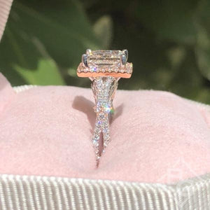 Kirk Kara  White & Rose Gold Pirouetta Large Princess Cut Halo Diamond Engagement Ring Side View in box