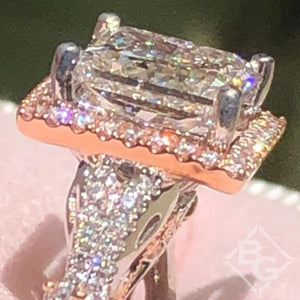 Kirk Kara  White & Rose Gold Pirouetta Large Princess Cut Halo Diamond Engagement Ring Angled Close Up
