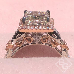 Kirk Kara  White & Rose Gold Pirouetta Large Princess Cut Halo Diamond Engagement Ring Close Up