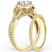 Load image into Gallery viewer, Kirk Kara Yellow Gold &quot;Pirouetta&quot; Simple Prong Set Diamond Engagement Ring Set Angled Side View

