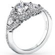 Load image into Gallery viewer, Kirk Kara White Gold &quot;Pirouetta&quot; Three Stone Halo Diamond Engagement Ring Angled Side View
