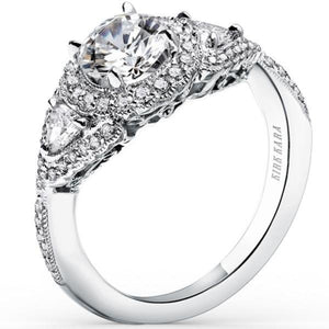 Kirk Kara White Gold "Pirouetta" Three Stone Halo Diamond Engagement Ring Angled Side View