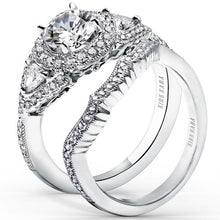 Load image into Gallery viewer, Kirk Kara White Gold &quot;Pirouetta&quot; Three Stone Halo Diamond Engagement Ring Set Angled Side View
