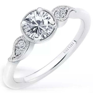 Kirk Kara White Gold "Rayana" Paisley Swirl Milgrain Halo Diamond Engagement Ring  Angled Side View
