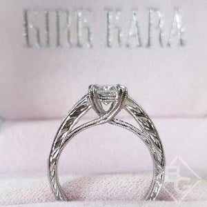 Kirk Kara White Gold "Stella" Blue Sapphire Small Center Princess Cut Engagement Ring Front View Side View in Box