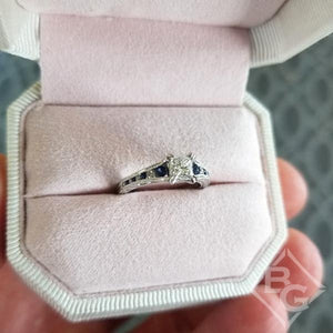 Kirk Kara White Gold "Stella" Blue Sapphire Small Center Princess Cut Engagement Ring in Box