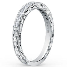 Load image into Gallery viewer, Kirk Kara White Gold &quot;Stella&quot; Diamond Wedding Band with Wheat Engravings and Milgrain Edging Angled Side View
