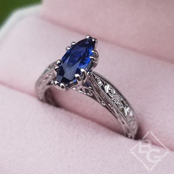 Kirk Kara Stella Marquise Cut Blue Sapphire Engraved Engagement Ring
