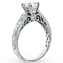 Load image into Gallery viewer, Kirk Kara White Gold Stella Round Cut Diamond Engraved Engagement Ring Angled Side View
