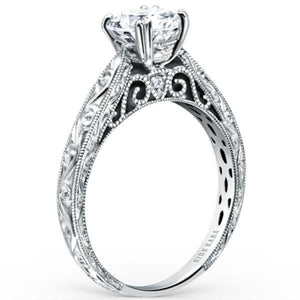 Kirk Kara White Gold Stella Round Cut Diamond Engraved Engagement Ring Angled Side View