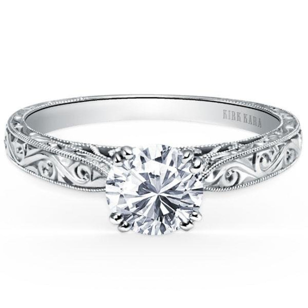 Kirk Kara White Gold Stella Round Cut Diamond Engraved Engagement Ring