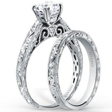 Load image into Gallery viewer, Kirk Kara White Gold &quot;Stella&quot; Scroll Engraved Milgrain Engagement Ring Set Angled Side View
