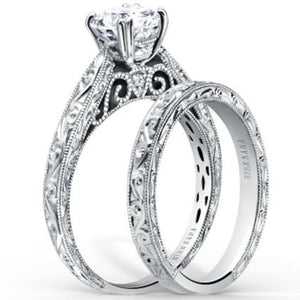 Kirk Kara White Gold "Stella" Scroll Engraved Milgrain Engagement Ring Set Angled Side View
