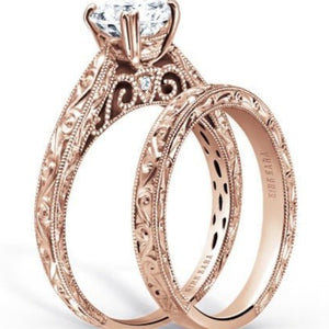 Kirk Kara Rose Gold "Stella" Scroll Engraved Milgrain Engagement Ring Set Angled Side View