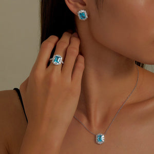 Lafonn Lab-Grown Emerald Cut Teal Sapphire Halo Stud Earrings