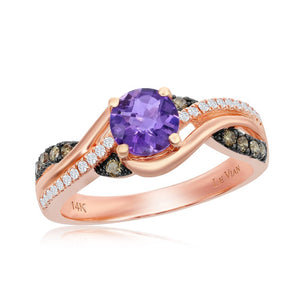 Le Vian Chocolatier Cotton Candy Amethyst & Chocolate Diamond Swirl Ring Featuring a Center Round Cut 5/8 Carat Cotton Candy Amethyst, 1/6 Carats of Round Cut Chocolate Diamonds and 1/15 Carats of Vanilla Diamonds Set in the Swirls of the Ring. 