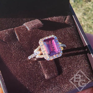 Le Vian Emerald Cut Raspberry Rhodolite Chocolate & Vanilla Diamond Halo Ring