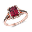 Load image into Gallery viewer, Le Vian Emerald Cut Raspberry Rhodolite Chocolate &amp; Vanilla Diamond Halo Ring
