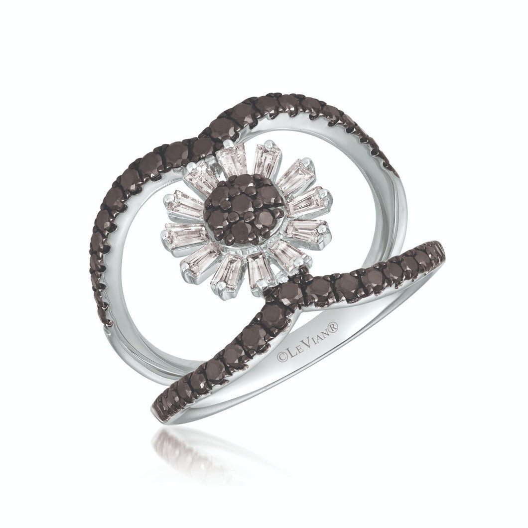 Le Vian Exotics Contemporary Black and White Diamond Flower Ring Featuring 3/4 Carats Round Cut Black Diamonds Set in the Shank and 1/3 Carats Baguette Cut Vanilla Diamonds Set in 14K Vanilla Gold. Tag TRKT 55.