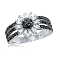 Load image into Gallery viewer, Le Vian Exotics Flower Ring Featuring 5/8 Carats Round Cut Black Diamonds and 3/8 Carats Baguette Cut Vanilla Diamonds Set in 14K Vanilla Gold. Tag TRKT 56.
