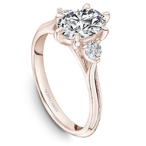 Noam Carver 14K Rose Gold High Polish Three Stone Diamond Engagement Ring Featuring 0.24 Carats Total Weight Round Cut Side Diamonds. 