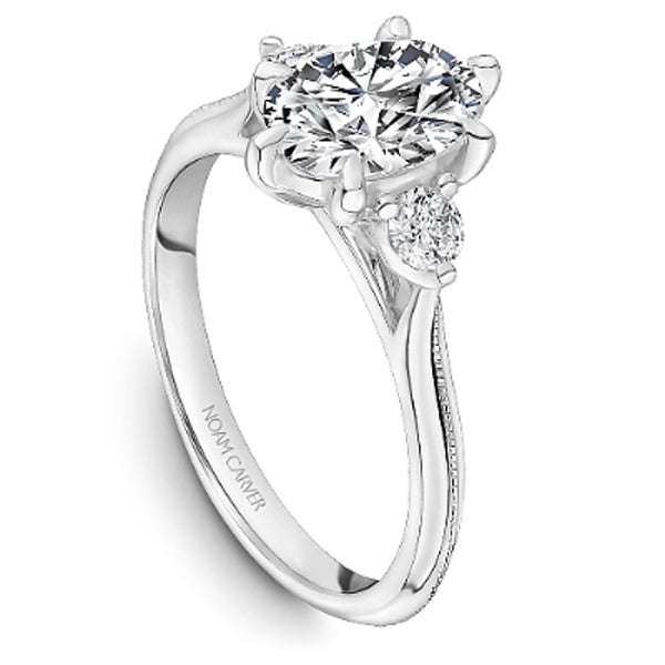 Noam Carver 14K White Gold High Polish Three Stone Diamond Engagement Ring Featuring 0.24 Carats Total Weight Round Cut Side Diamonds. 