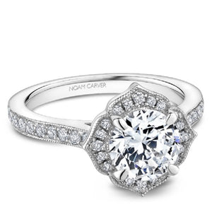Noam Carver 14K White Gold Prong Set Scalloped Halo Vintage Style Diamond Engagement Ring
