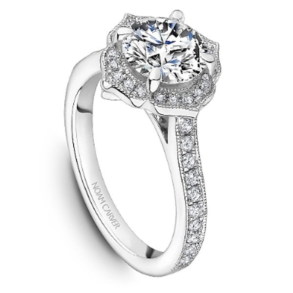 Noam Carver 14K White Gold Prong Set Scalloped Halo Vintage Style Diamond Engagement Ring