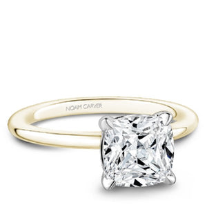 Noam Carver Two-Tone Yellow Gold High Polish Cushion Cut Solitaire Engagement Ring with White Gold Four Claw Prong Head 