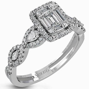 Simon G. 18K White Gold Emerald Halo "Mosaic" Diamond Ring