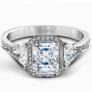 Simon G. 18K White Gold Halo Emerald Cut Three Stone Diamond Trillion Engagement Ring