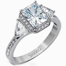 Load image into Gallery viewer, Simon G. 18K White Gold Halo Emerald Cut Three Stone Diamond Trillion Engagement Ring
