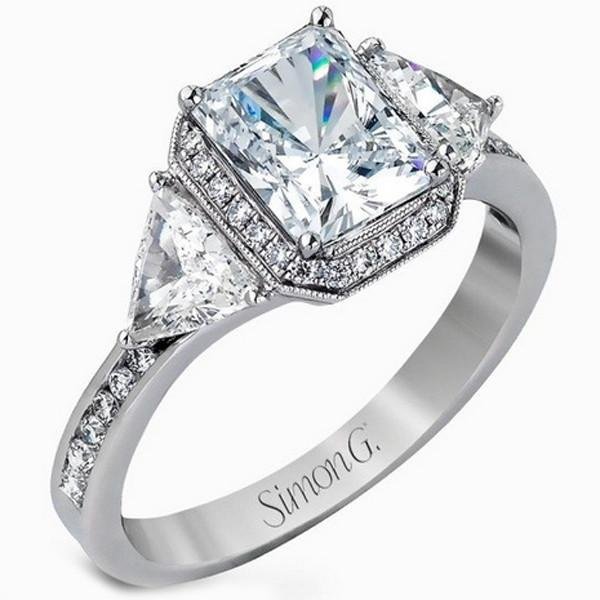 Simon G. 18K White Gold Halo Emerald Cut Three Stone Diamond Trillion Engagement Ring