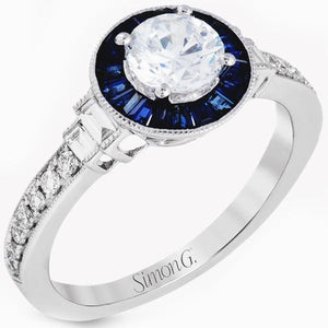 Simon G. "Art Deco" Blue Sapphire Diamond Halo Engagement Ring