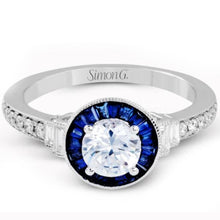Load image into Gallery viewer, Simon G. &quot;Art Deco&quot; Blue Sapphire Diamond Halo Engagement Ring
