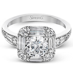 Simon G. Baguette & Round Halo Diamond Engagement Ring