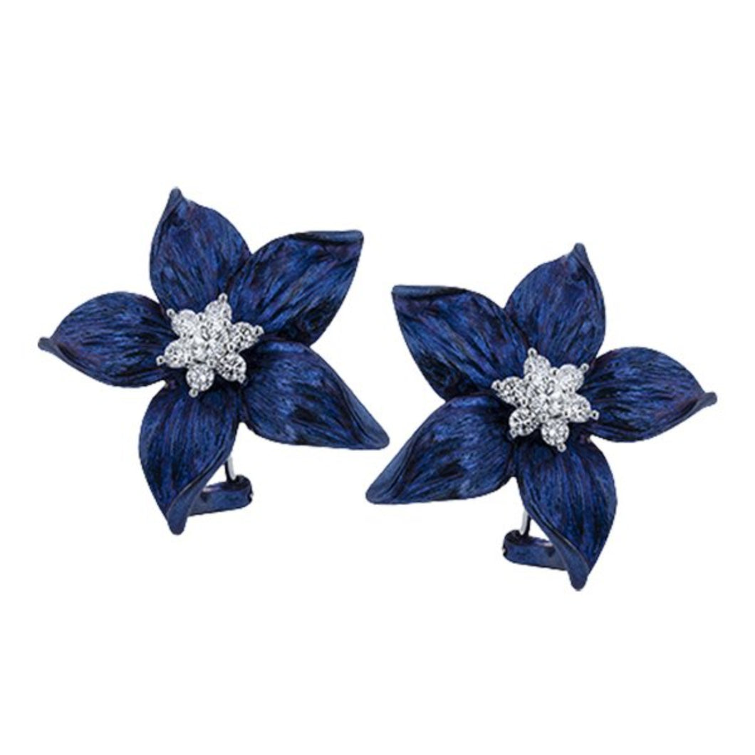 Simon G. Blue Enamel Textured Flower Diamond Earrings
