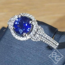 Load image into Gallery viewer, Simon G. Cornflower Blue Round Cut Sapphire &amp; Diamond Halo Ring
