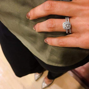 Simon G. Cushion Halo French Set Diamond Engagement Ring on Hand