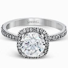 Load image into Gallery viewer, Front View of Simon G. Cushion Halo French Set Diamond Engagement Ring
